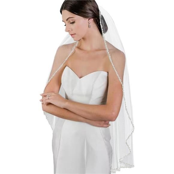 Wedding Veil Pearls and Crystals Beaded Edge Tier Fingertip